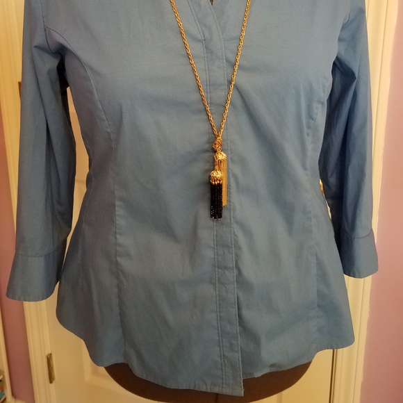 Blue Women's 3/4 Length Sleeve Button Down - Picture 3 of 5
